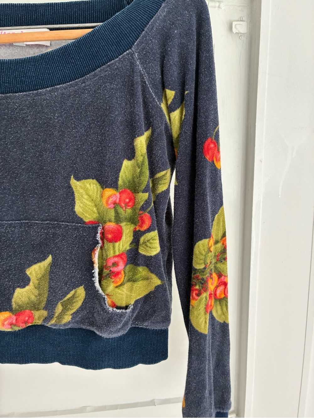 Hippie Beach Cherry Print Navy Cropped Sweatshirt - velour - scoop neck - Picture 3 of 9